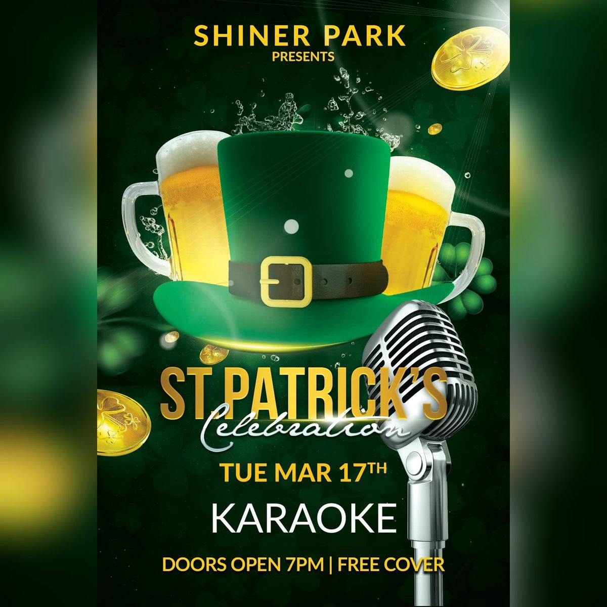 shiner_park's tweet photo. 🍀 St Patty's Day Bash next Tuesday!
Free cover for everyone! 
Doors open at 7pm 🍀 https://t.co/ia04QW9a3o