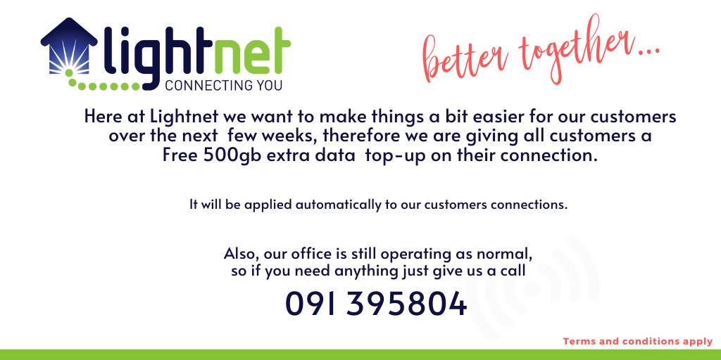 LightnetB's tweet photo. Here at Lightnet we want to make things a bit easier for our customers over the next
few weeks, therefore we are giving all our customers a Free 500gb extra data
top-up on their connection.
https://t.co/giV43Bcho9
#LightnetBroadBand #BroadBand #Ireland https://t.co/pKjTtLjDuH