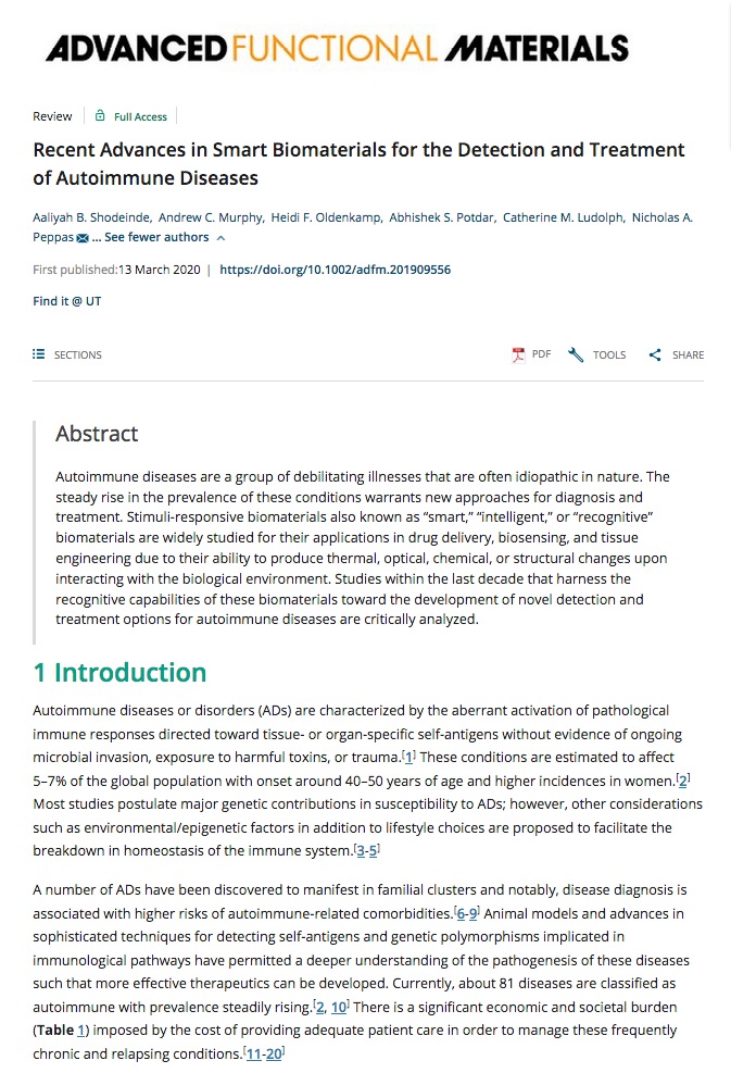 NPeppas's tweet photo. "Recent Advances in Smart Biomaterials for the Detection and Treatment of Autoimmune Diseases" today in open access https://t.co/4eryHqUvpV #AdvFunctMater A Shodeinde, A Murphy, H Oldenkamp, A Potdar, C Ludolph
@NPeppas @TexasChE @CockrellSchool @UTexasPharmacy @UTBiomedical https://t.co/Ln8ywC6Nsr