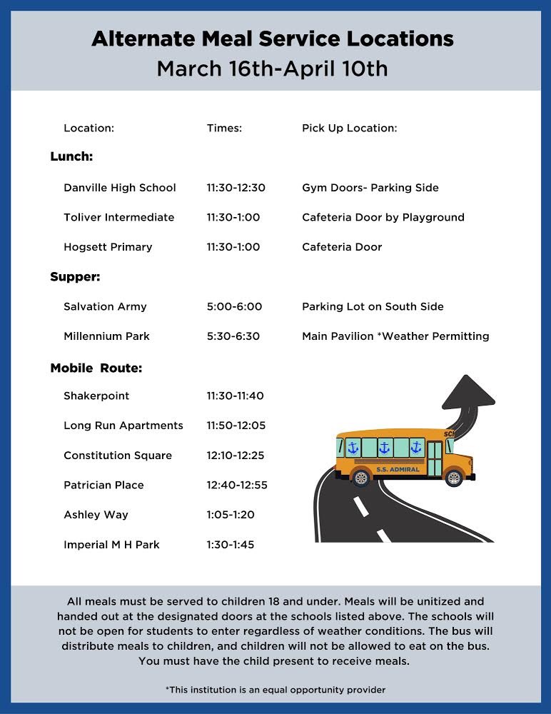 DanvilleSchools's tweet photo. Here are the locations &amp; times for meal pick up. Meals will be free for anyone under 18. Please check back daily beginning Monday for menus https://t.co/DZtOszLy3j