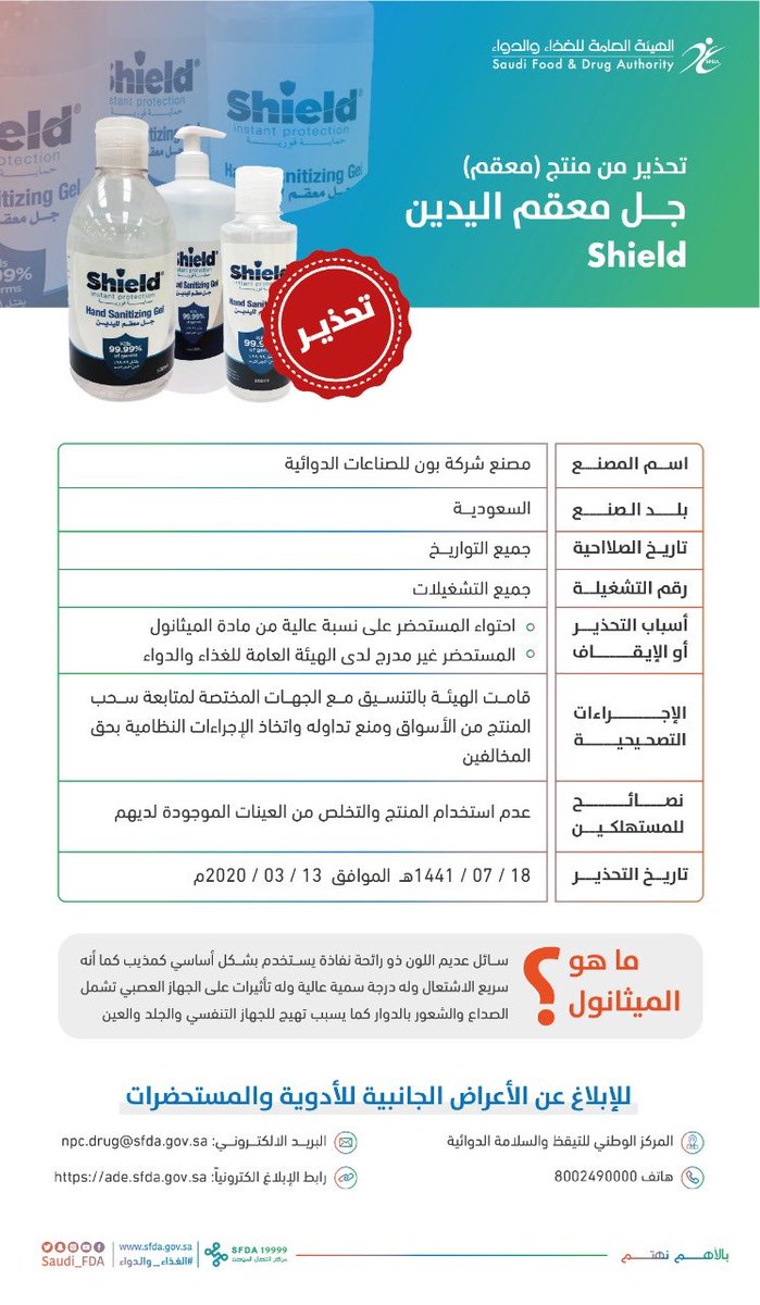 f_alabdulkarim's tweet photo. هام/ إذا شاهدت هذا المنتج على الرف احذر من شرائه وبلغ هيئة الغذاء والدواء على الرقم 19999 حيث حذرت اليوم من استخدام جل معقم اليدين "Shield" لاحتوائه على نسبة عالية من مادة "ميثانول"، وبدأ سحبه من الاسواق بالتنسيق مع الجهات المختصة ومنع تداوله. https://t.co/0X5Bnznr3h