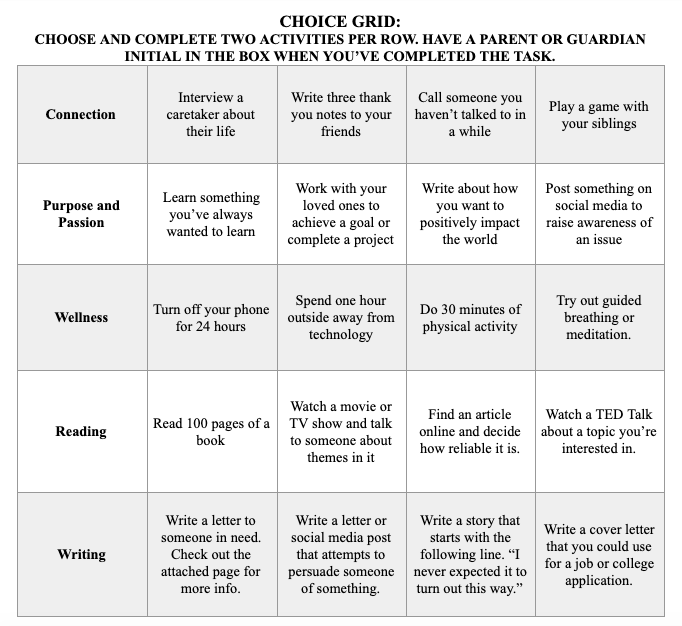 Mr_Rablin's tweet photo. Considerations for remote learning: 

(1) Not every student has internet. 

(2) Putting things online and changing nothing can hurt learning. 

(3) Education is not just content. 

Here's the choice grid I gave to my Ss. 

#edchat #remotelearning #edtechchat #edtech #WhatIsSchool https://t.co/rselecj7jT