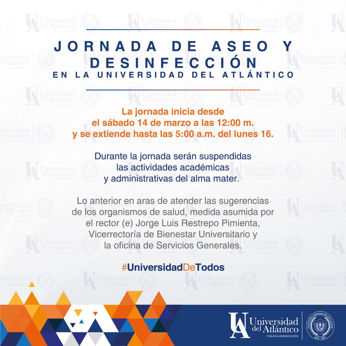 La Universidad del Atlántico inicia jornada de aseo y desinfección. El propósito es seguir las recomendaciones de los organismos de salud en cuanto a las medidas para prevenir el COVID-19 #Prevencion #AseoYDesinfeccion