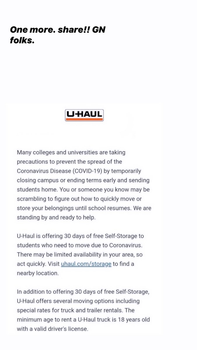 WeAreEquity's tweet photo. U-Haul is offering 30 days of free Steve for students being displaced by COVID-19. Please share!! https://t.co/udkPUOZCr5 #WeAreEquity https://t.co/lRxEjLXTeV