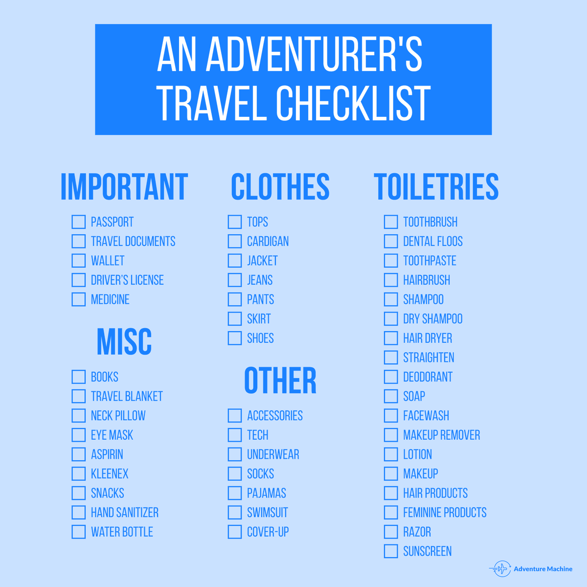 AdvMachineSC's tweet image. The Ultimate Packing List for the Adventurers In You. Print this checklist out before your next trip! 

#travel #flightdeals
