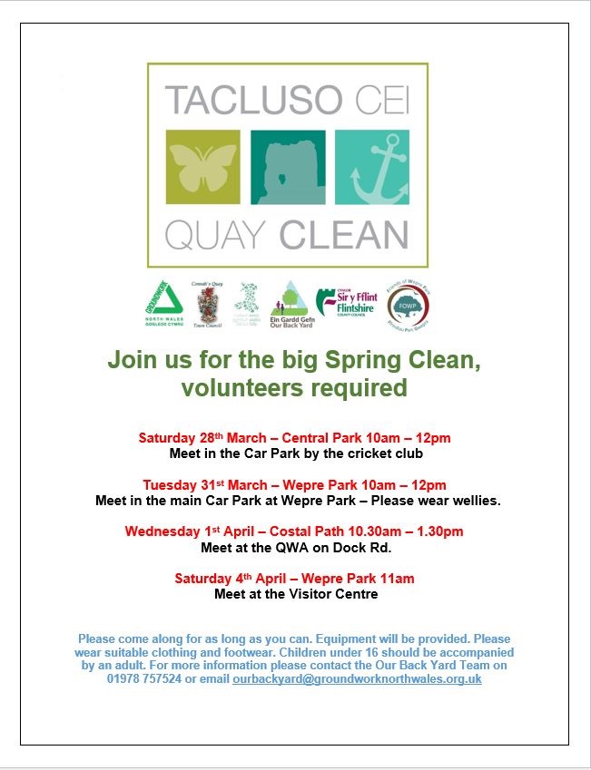 FWeprepark's tweet photo. Join us to litter pick Wepre Park on Saturday 4th April, as part of Quay Clean 2020. Meet us at the Visitors Centre at 11am and help for as long as you can. Litter picking equipment will be supplied but please wear suitable clothing, footwear and gloves. #QuayClean #WeprePark https://t.co/jaETVgdkpH