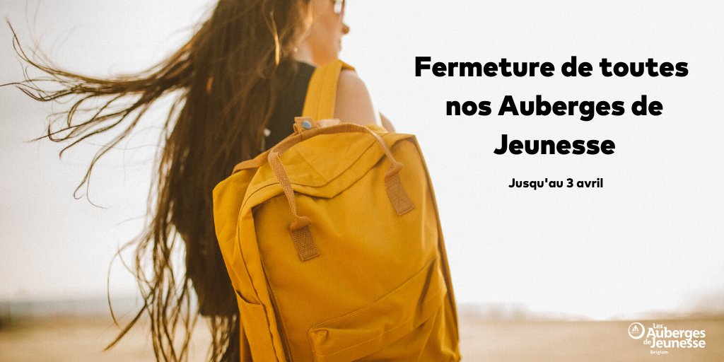 Suite aux décisions du gouvernement et pour le bien de nos hôtes, nous sommes malheureusement dans l'obligation de fermer toutes nos Auberges de Jeunesse.
Plus d'infos sur : laj.be/coronavirus
Dans l’espoir de pouvoir vous accueillir à nouveau dès le 3 avril!