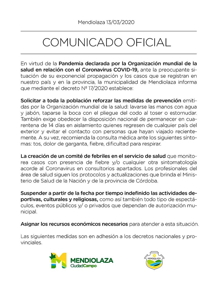 danielsalibi's tweet photo. #Coronavirus
Junto al #GabineteMunicipal #DefensaCivil y el Area de #Salud emitimos el #ComunicadoOficial y también firmé el #Decreto correspondiente a tal fin !!
El #ComitéSanitario se mantendrá en #Alerta permanente !!
#SimplementeGestion https://t.co/W3c4Majr9h