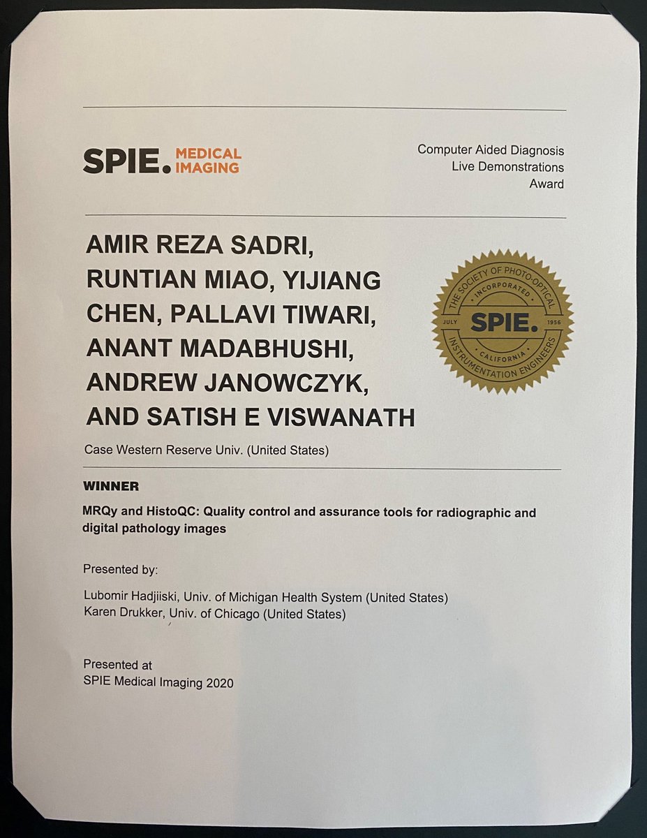 CWRUBME's tweet photo. A team from @CCIPD_Case won the Live Demonstration Certificate of Merit at the #SPIE2020 Medical Imaging Conference for their demo of two quality assessment tools for medical imaging: MRQy and HistoQC. Congrats to all! https://t.co/UUkrWD9oJE