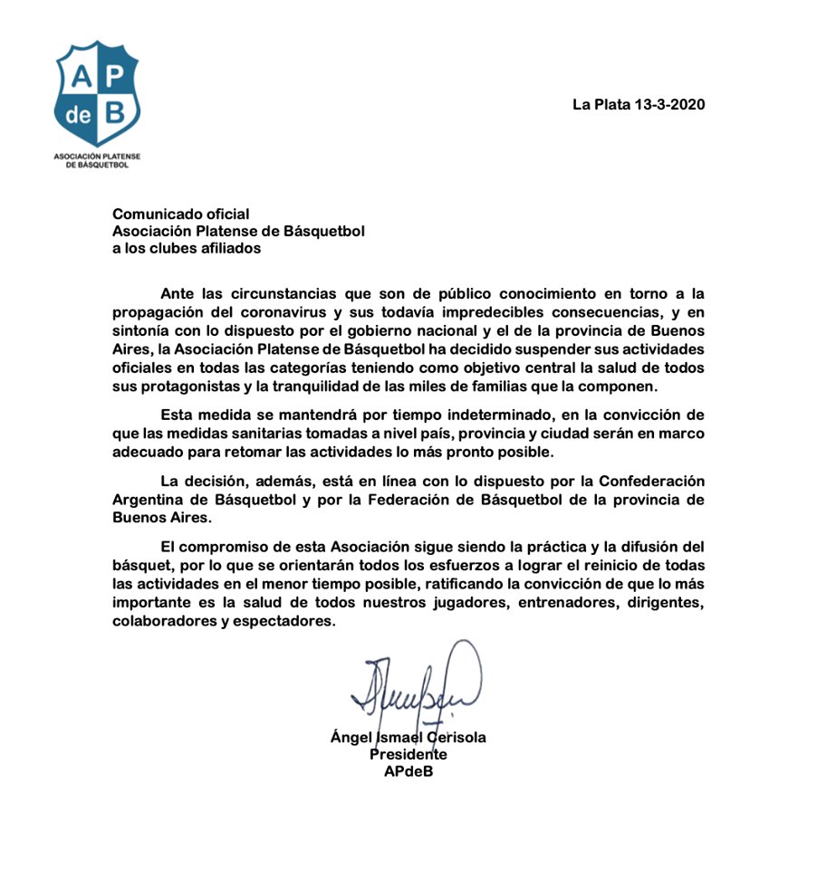 MaxibasquetLP's tweet photo. #maxibasquet 
La Asociación Platense de Basquetbol informa que adhiriéndose a los protocolos de prevención internacionales, Nacionales y Provinciales ante la pandemia COVID-19 (Coronavirus), quedan suspendidos los inicios de todos los torneos hasta nuevo aviso https://t.co/Uqa4xcF9s9