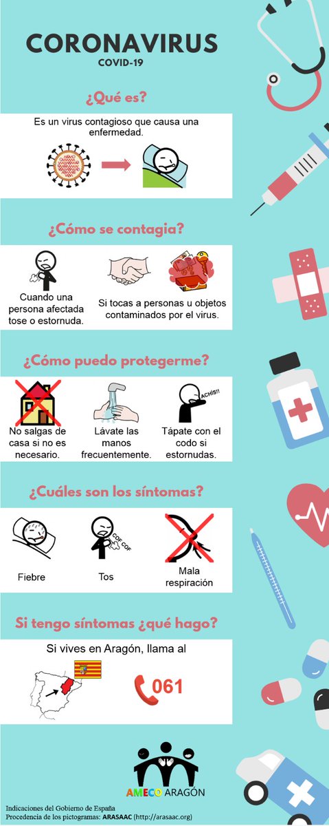 AmecoAragon's tweet photo. Dadas las circunstancias que atraviesa el país, hemos considerado de gran utilidad hacer una infografía adaptada con las indicaciones del Gobierno de España respecto al Coronavirus, para que sean accesibles para todos. #COVID19 #coronavirusEspana https://t.co/aqEl6JTOdA