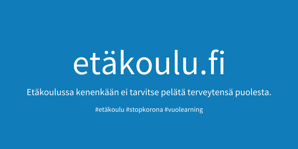 Vuolearning's tweet photo. Olemme avanneet #etakoulu.fi- palvelun, jonka avulla oppilaitokset voivat aktivoida #Vuolearning -oppimisympäristön ilmaiseksi käyttöönsä.

Toivomme ettei kenenkään tarvitsisi pelätä terveytensä puolesta osallistuakseen opetukseen tai opettaakseen.   #stopkorona #elearning https://t.co/WFGFNTyG3a