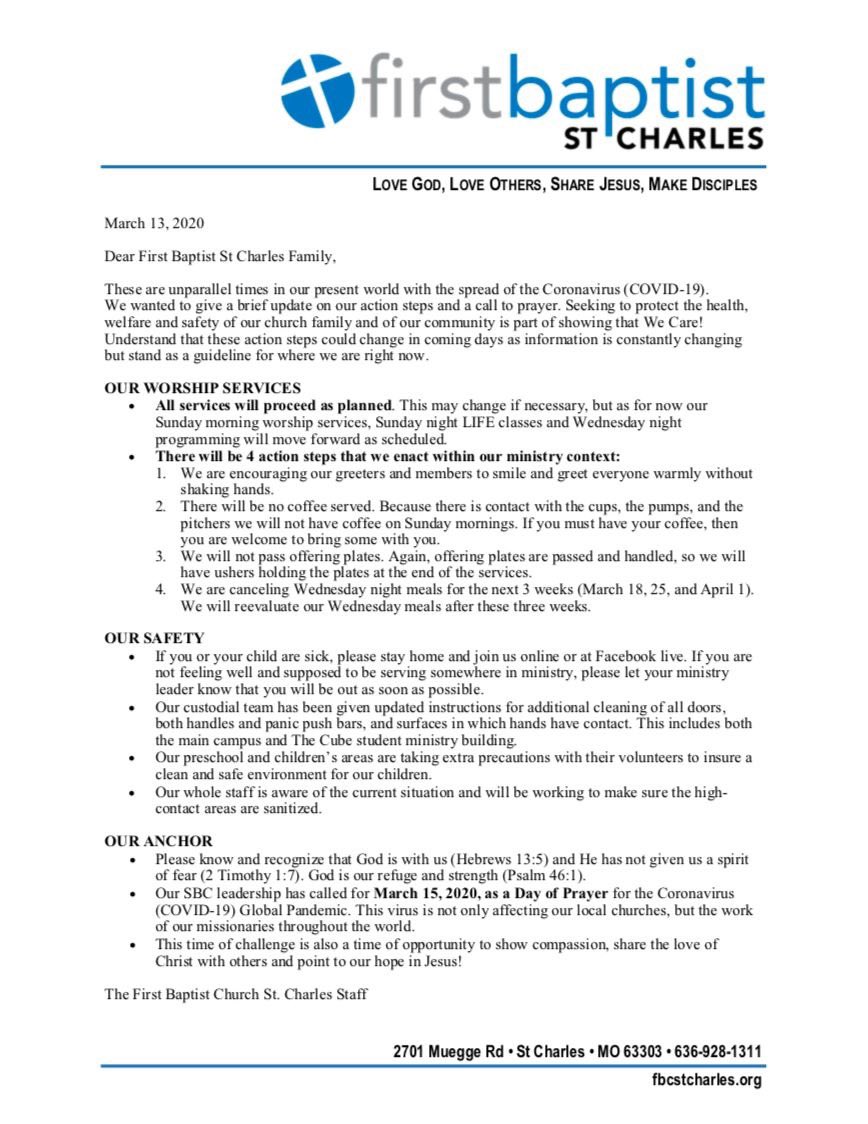 firststcharles's tweet photo. Please read this important statement from our church concerning the coronavirus. https://t.co/agsr5oQGcY