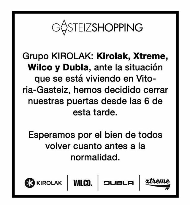 xtremevitoria's tweet photo. Grupo Kirolak: @kirolak_vitoria , @xtremevitoria , @wilcogasteiz y Dubla, ante la situación que se está viviendo en Vitoria-Gasteiz, hemos decidido cerrar nuestras puertas desde las 6 de esta tarde. Esperamos volver cuanto antes a la normalidad. #Qu… https://t.co/nJTUfHOWfv https://t.co/oiDL1YY4qP