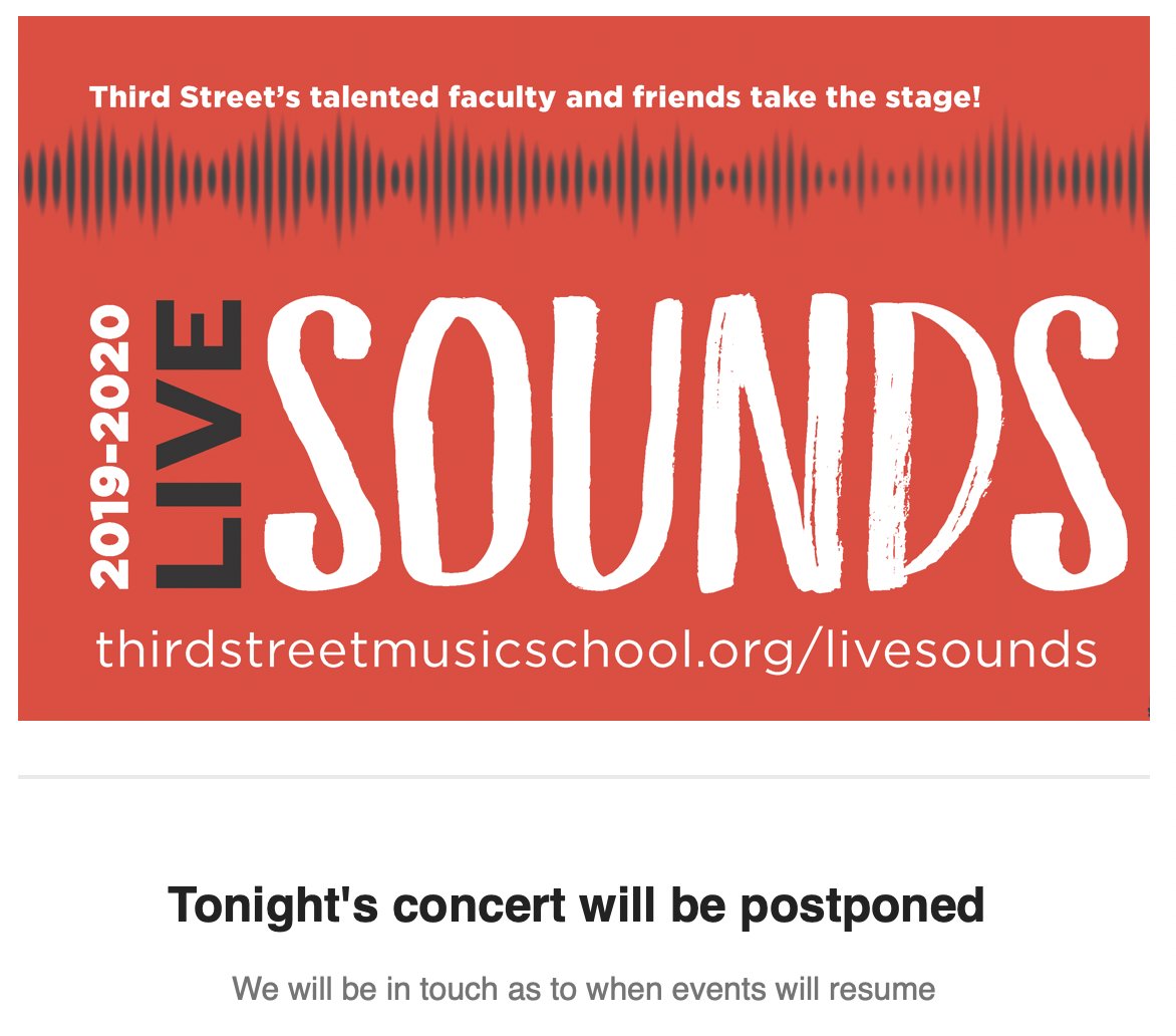 Tonight's #LiveSounds concert has been postponed. We will be in touch when events at #3rdStreet resume. #staysafe #musicmatters