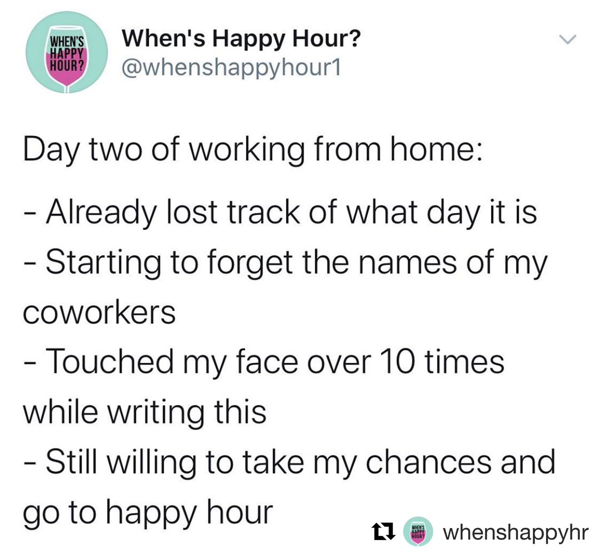 WFH got ya down? Join us for the longest #happyhour (11 - 7) in KC. 
#Repost @whenshappyhr ・・・
Going on day three and I will be having wine for lunch