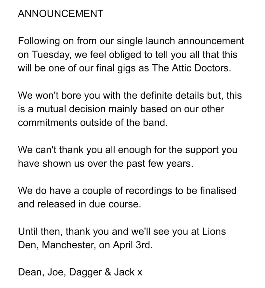 An announcement from the band. X
