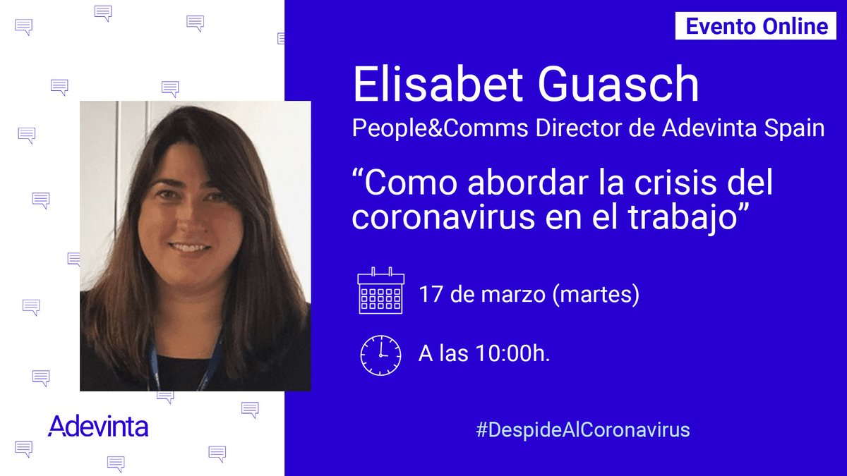 AdevintaSpain's tweet photo. [EVENTO ONLINE] @InfoJobs reúne a expertos para hablar sobre cómo abordar la crisis del #COVID19 en el trabajo y #DespideAlCoronavirus🖥️Entre ellos estará nuestra People&amp;Comms Director Elisabet Guasch👏 ¡Apunta!
📅 17 de marzo (martes)
💻Síguelo aquí: https://t.co/Dw66wxSuK4 https://t.co/X4fb4QizAw