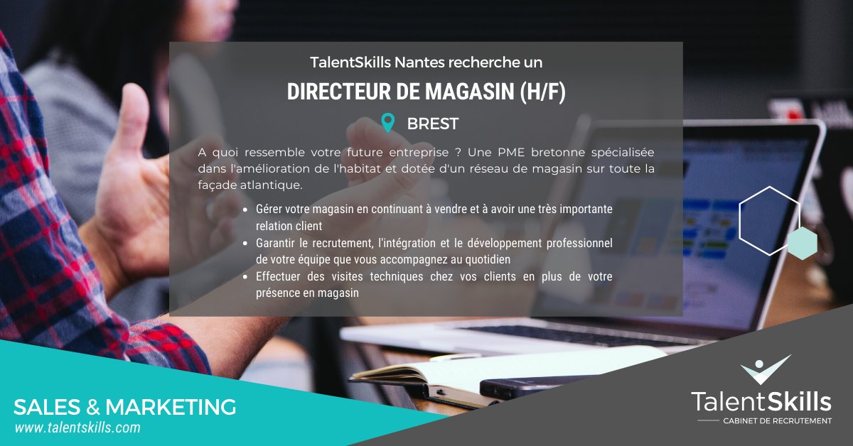 talentskillscab's tweet photo. Le cabinet Talentskills Nantes recrute un Directeur de magasin (H/F) ! 📝 #talentskillsjobs

▶ Postulez dès maintenant sur 
https://t.co/UUBI8kZjiz https://t.co/JgJebXY3jy