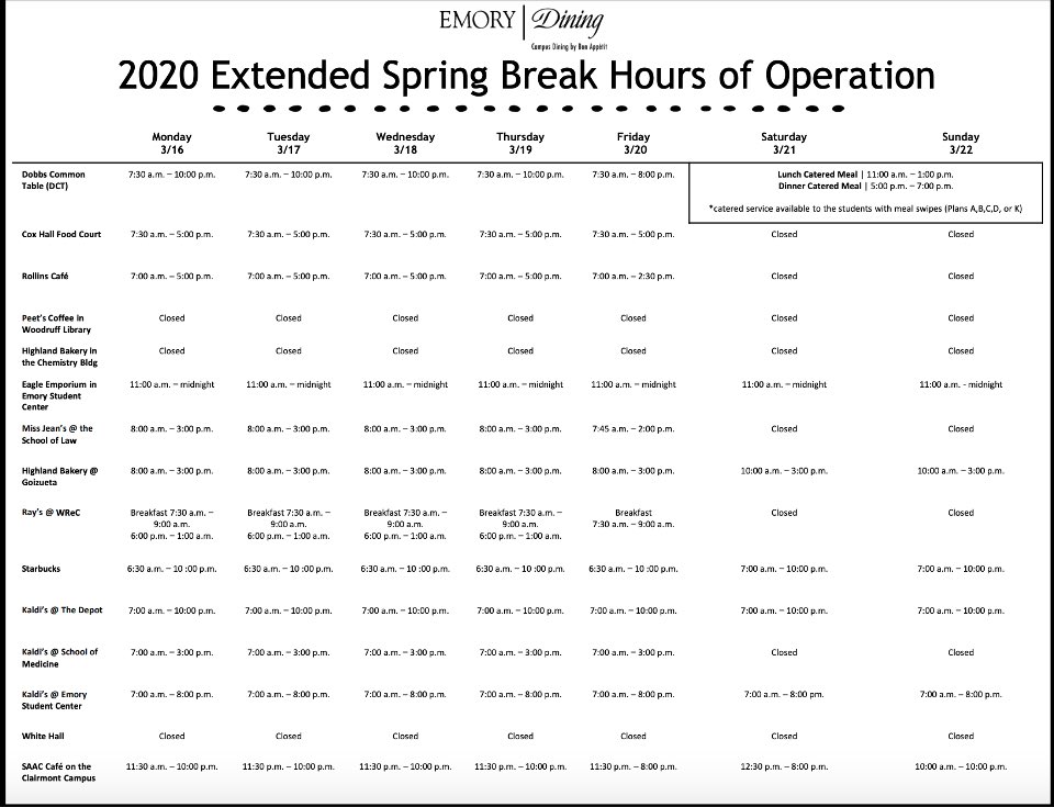 emorycollege's tweet photo. ICYMI: @Emory_Dining is on modified hours until Sun 3/22 for those still on campus https://t.co/tHEdSQJCIj