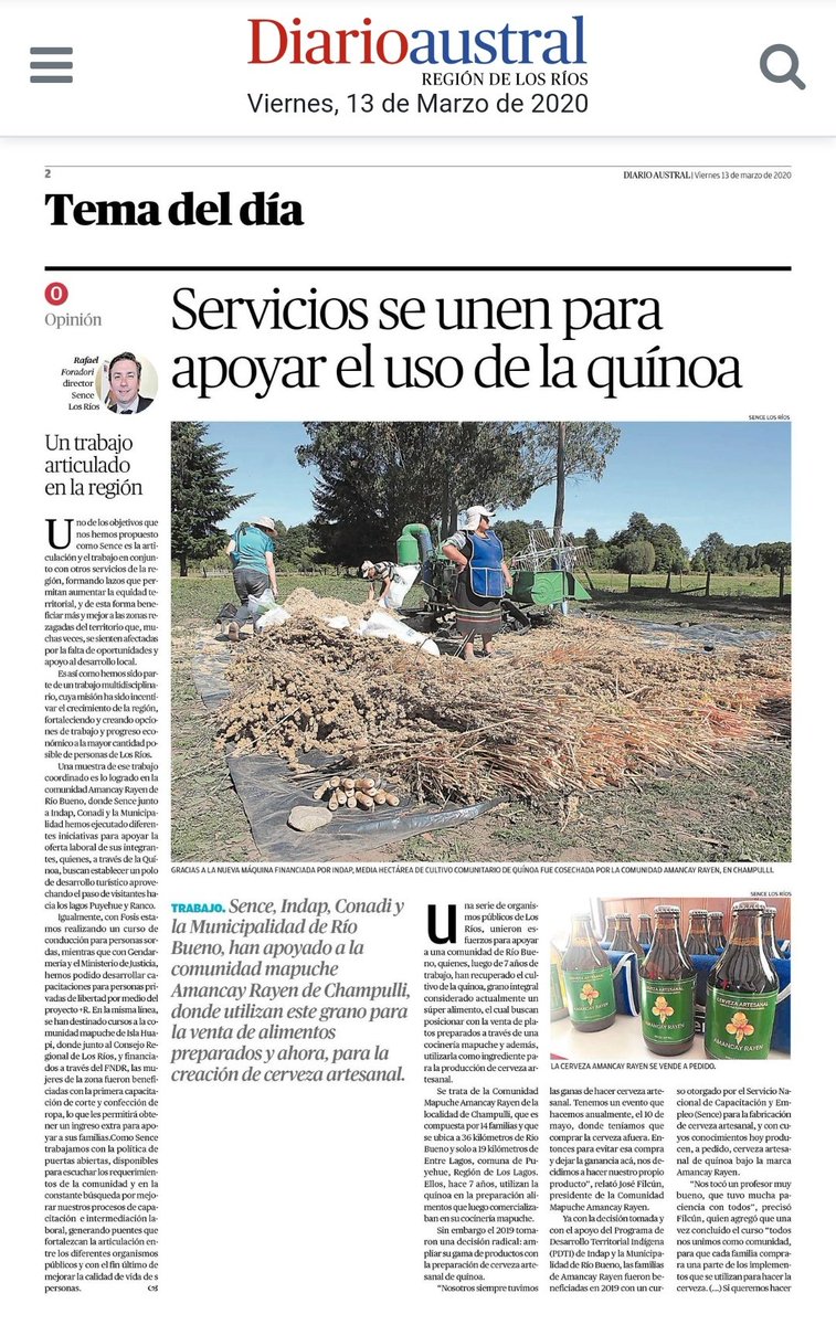 Sencerios's tweet photo. #NoticiaSence
Comunidad Mapuche Amancay Rayen de la localidad de #Champulli #RíoBueno fue destacada en @austral_losrios por las diversas preparaciones que realizan en base a quínoa y que ampliaron con curso @Sencerios de cerveza artesanal donde incluyeron este super alimento💪🏻👏🏻 https://t.co/YKFM8NsD11