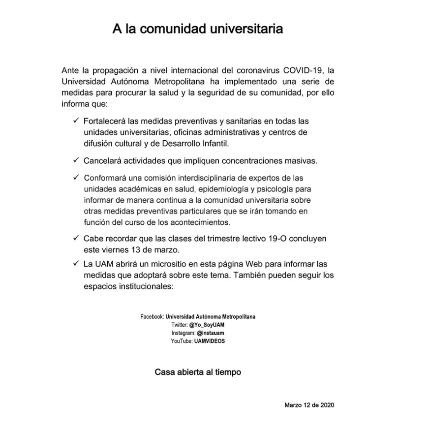 UAM_Iztapalapa's tweet photo. 🔶 #UAMInforma
Lee documento completo en el micrositio de coronavirus  ➡️https://t.co/LUfuhkbafy https://t.co/yb1yaS0Ru9