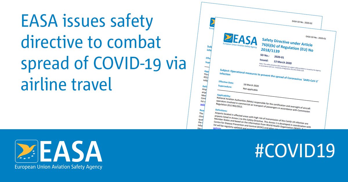 EASA's tweet photo. EASA issues safety directive mandating disinfection of aircraft flying from high risk areas to combat spread of coronavirus #COVID19 https://t.co/DG9B4LOuGX https://t.co/WdGDxLLsSN