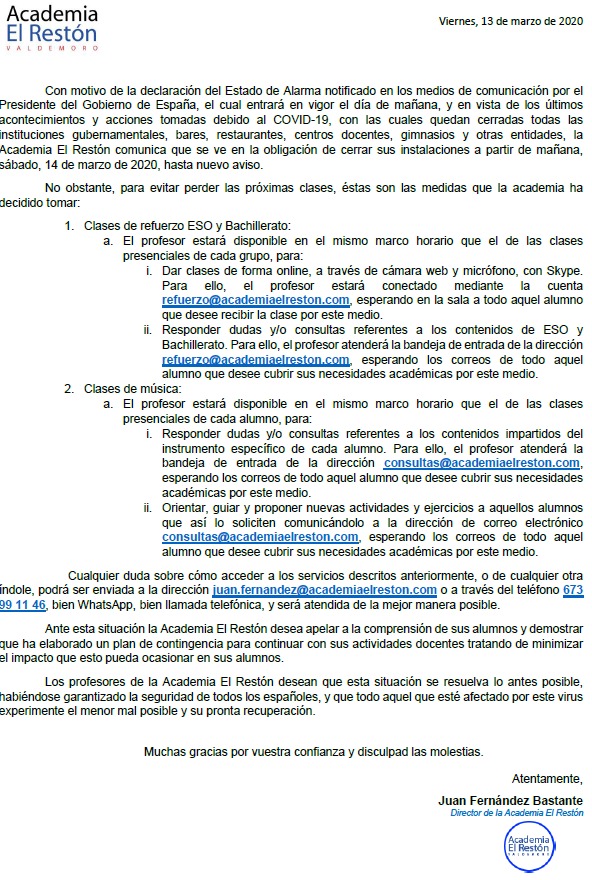 academiareston's tweet photo. Comunicado oficial de la Academia El Restón ante el COVID-19: https://t.co/FQo5YZnwVj