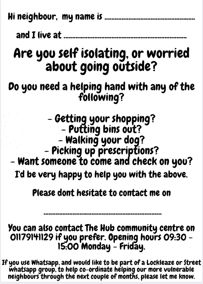 We’re encouraging people to keep an eye out for vulnerable neighbours and suggested this template letter could be used. We’ve got copies in the Hub or create your own. Please let us know which roads in #Lockleaze you are covering so we can support a network