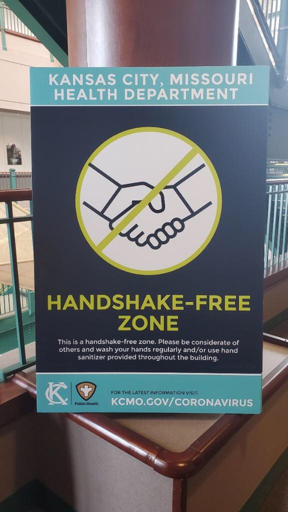 The @KCMOHealthDept and Environmental Health team are social distancing through handshake-free zones to reduce risk.  #COVID19 #handshakefree