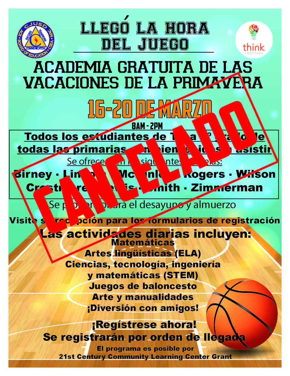 CJUSD_EXL's tweet photo. Out of an abundance of caution, the district has canceled the Elementary Spring Break Academy to protect our students and staff from situations that may increase exposure to the COVID 19 Coronavirus.  We apologize for any inconvenience to our families https://t.co/p4N5p44nu8