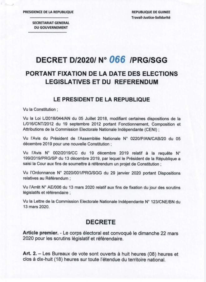 ConstitutionGN's tweet photo. Par décret du chef de l'état, le corps électoral en vue des législatives et du référendum est convoqué le 22 mars aux urnes. @InfoComGN @amarasompare1 @rpg_officiel @kalloibrahima89 @GuineeQui @Oui_Adiben @barrymotigui https://t.co/ZoIRH1t4pS
