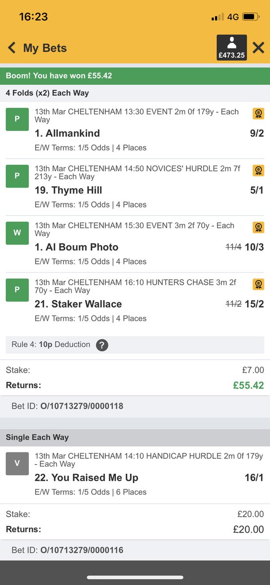 LordDuval's tweet photo. @TheBadManTips Cheers Badman, had my money in BetFair so just went with an e/w ACCA! 💷 https://t.co/dMXjh77yhS