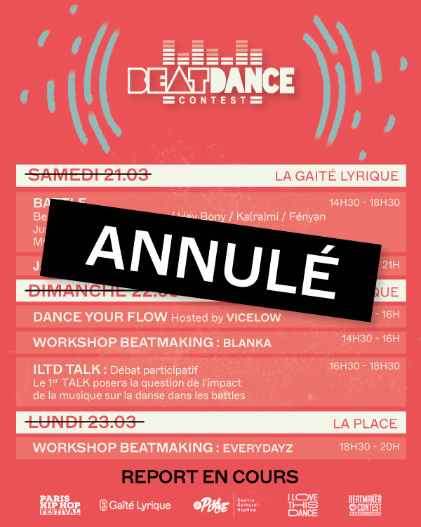 COMMUNIQUÉ BEATDANCE CONTEST

Comme de nombreux événements, nous nous voyons contraints d'annuler la 8eme édition du Beatdance Contest. 
Nous mettons tout en oeuvre pour reporter l'événement dans les prochains mois.

A très vite 💜

Info remboursement 👉 bit.ly/event-beatdanc…
