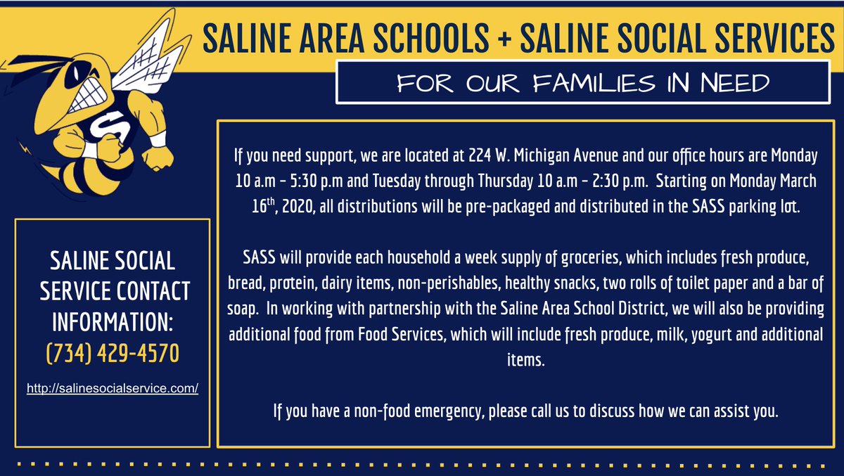 In partnership with Saline Area Schools, Saline Area Social Service (SASS) is here to help families in need. If you need help OR are interested in providing support, please refer to the information below. #SASCompass