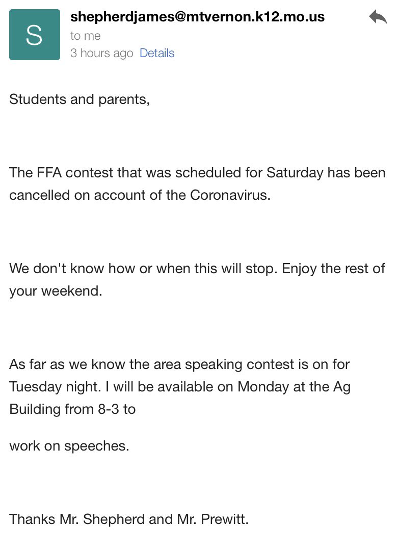 MVFFAchapter's tweet photo. ATTENTION: Students &amp; parents!!! The contest for Saturday in McDonald county has been CANCELLED! Please spread the word. https://t.co/Wt15ky4bOV