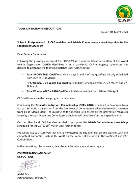 YesWeCrann's tweet photo. CAF also say that the #U20AWCON and #AWCON2020 qualifiers have also been postponed this month and next month. https://t.co/Dlhwtxowek