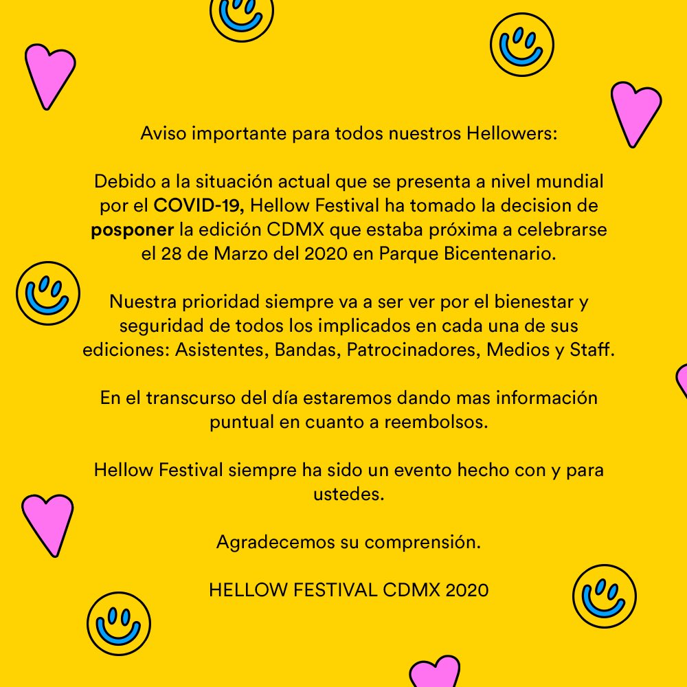 HypeAndTracks's tweet photo. Breaking News: #HellowCDMX ha sido pospuesto debido al Coronavirus. 🦠 https://t.co/K22vVke0w3