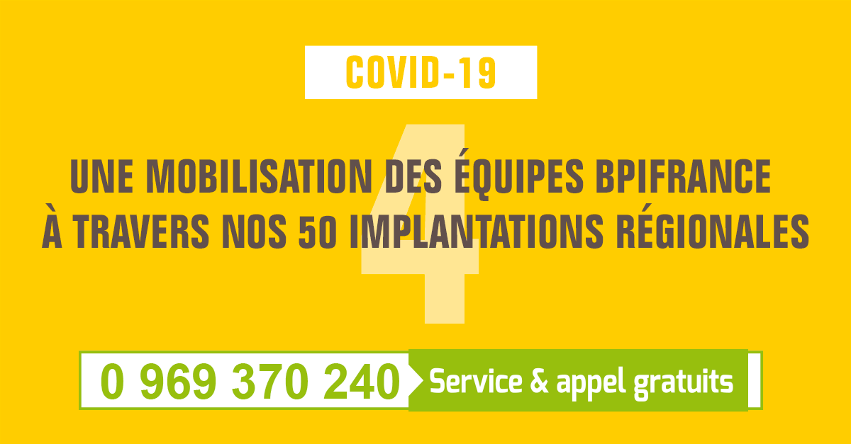 Bpifrance's tweet photo. Bpifrance soutient les entreprises impactées par l'épidémie du #Coronavirus #Covid_19 avec 4 mesures clés. 🔑

Pour nous contacter 📞 0 969 370 240
Pour faire une demande en ligne 👉 https://t.co/MEBusTq62q

#BpifranceAvecVous https://t.co/omoidGr1eW