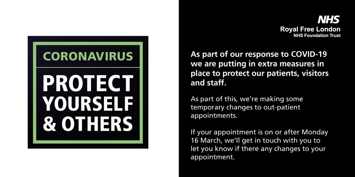RoyalFreeNHS's tweet photo. We're making some temporary changes to out-patient appointments as part of our response to COVID-19 (coronavirus). 

Read more here: https://t.co/fqZUOg5KqS https://t.co/7nZmCtfVkW