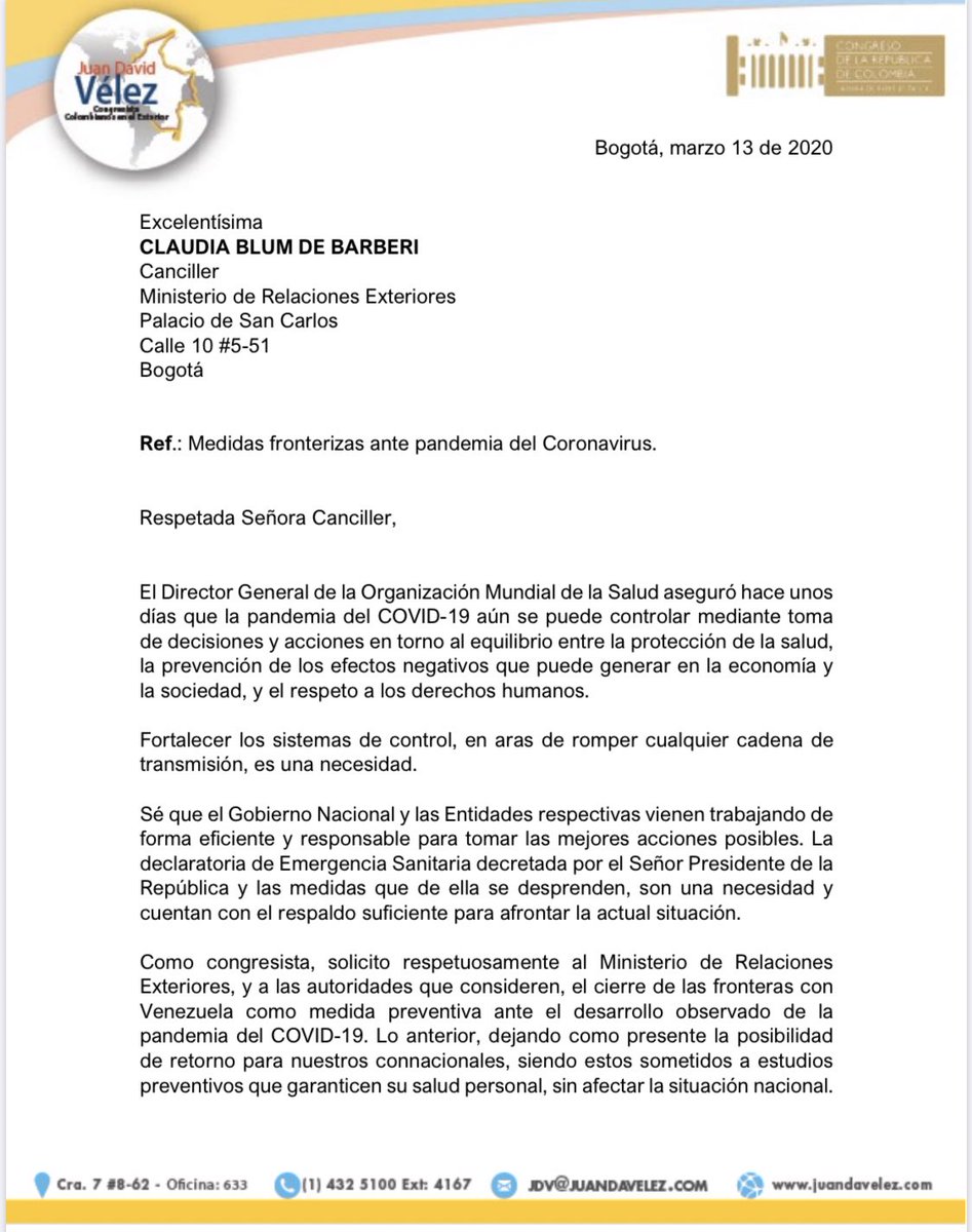 Juan David Velez A Twitter Solicitud A La Cancilleriacol Para Considerar El Cierre Temporal De La Frontera Con Venezuela Ante La Pandemia Del Covid 19 Coronavirus Carta En Https T Co Gkomhcoqqb Https T Co 1wokanmfc2