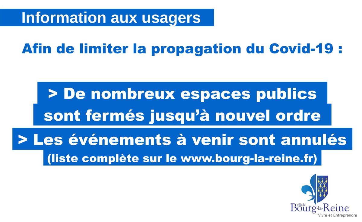 Ville_de_blr's tweet photo. [INFO #CORONAVIRUS]
Afin de limiter la propagation du Covid-19, de nombreux espaces publics sont fermés jusqu'à nouvel ordre. Les événements à venir sont annulés. La mairie et vos commerces restent ouverts. 
Découvrez le détail... > https://t.co/zunwxukTEk https://t.co/kBabFNtoif