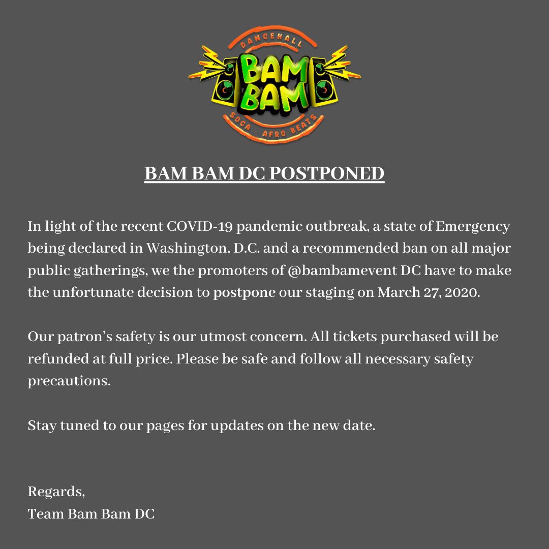 BAM BAM DC POSTPONED!⁣
 
Due to the COVID-19 pandemic and State of Emergency in Washington, D.C. we will be postponing to a new date to be announced.

We would like to ask everyone to be safe and follow the safety precautions outlined to prevent the spread of COVID-19.