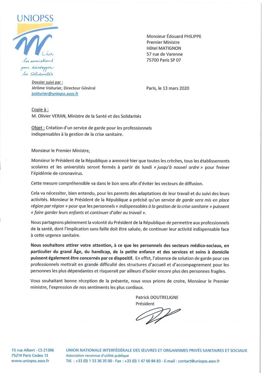 Uniopss's tweet photo. L'Uniopss saisit @EPhilippePM  afin que les personnels du secteur médico-social soient aussi prioritaires dans le service de garde d'enfants, suite à la fermeture des établissements scolaires. #coronavirus #COVID19 https://t.co/4EJVfOVGum