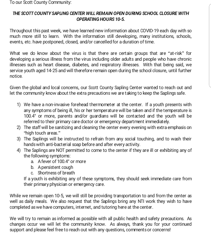 SaplingScott's tweet image. Scott County Sapling Center statement regarding COVID-19