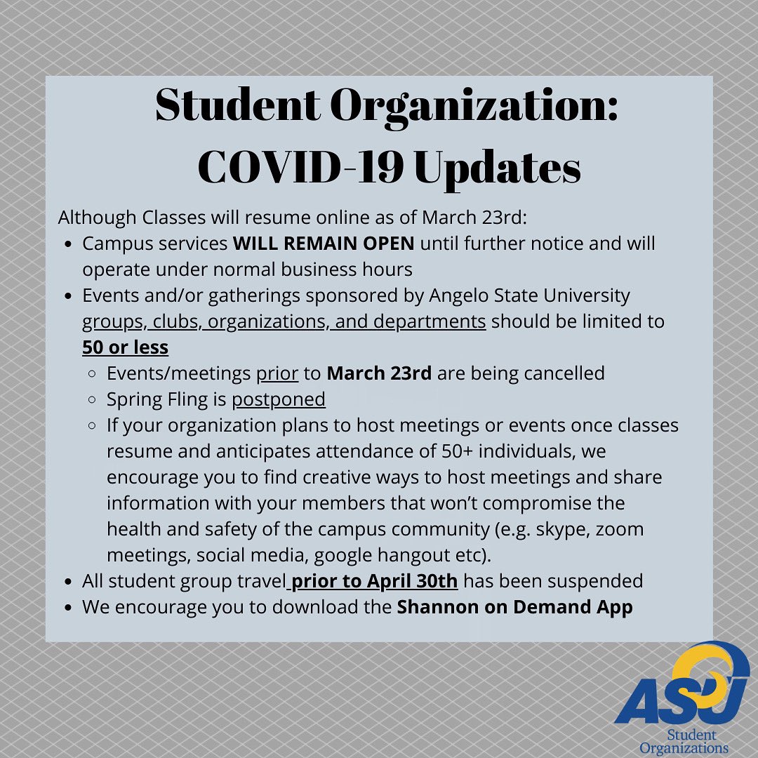 ‼️ASU student leaders‼️

Please make sure to stay in up-to-date with the latest COVID-19 news! 

Visit angelo.edu/coronavirus
