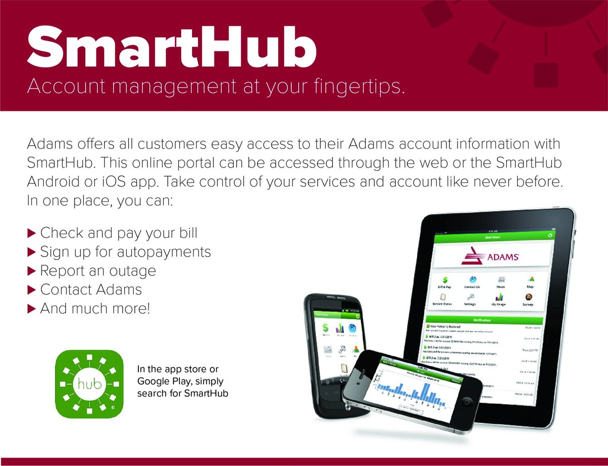 adamstelephone's tweet image. Did you know you can manage all aspects of your Adams account online or with your mobile device anytime? #smarthub #freemobileapp