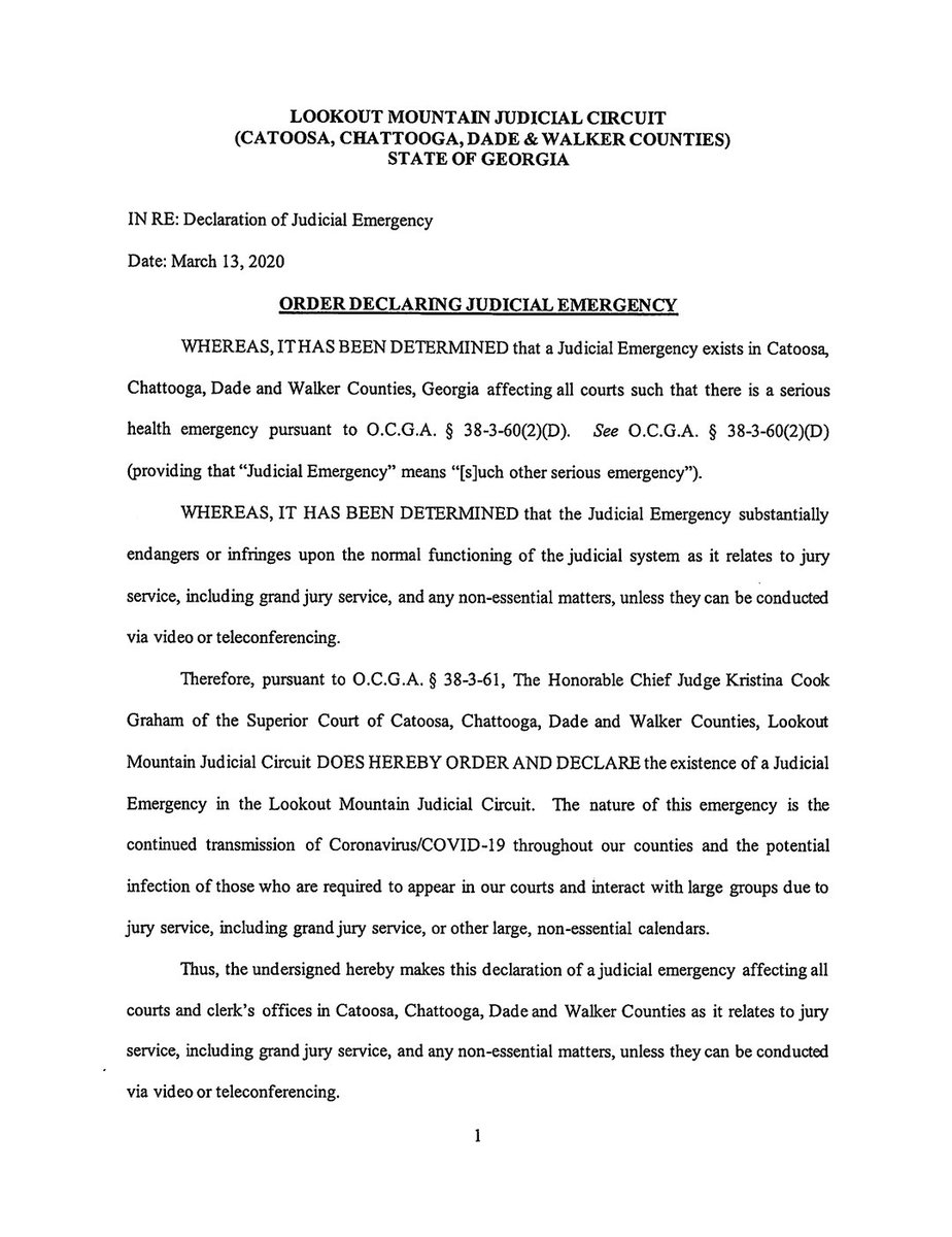 Dade_Sheriff's tweet photo. ALERT!! 

Order from Chief Judge Kristina Cook Graham of the Lookout Mountain Judicial Circuit, referencing a change in the normal business of the court system in our area, for the next 30 days.

Please read. https://t.co/bvLuj3Kswq