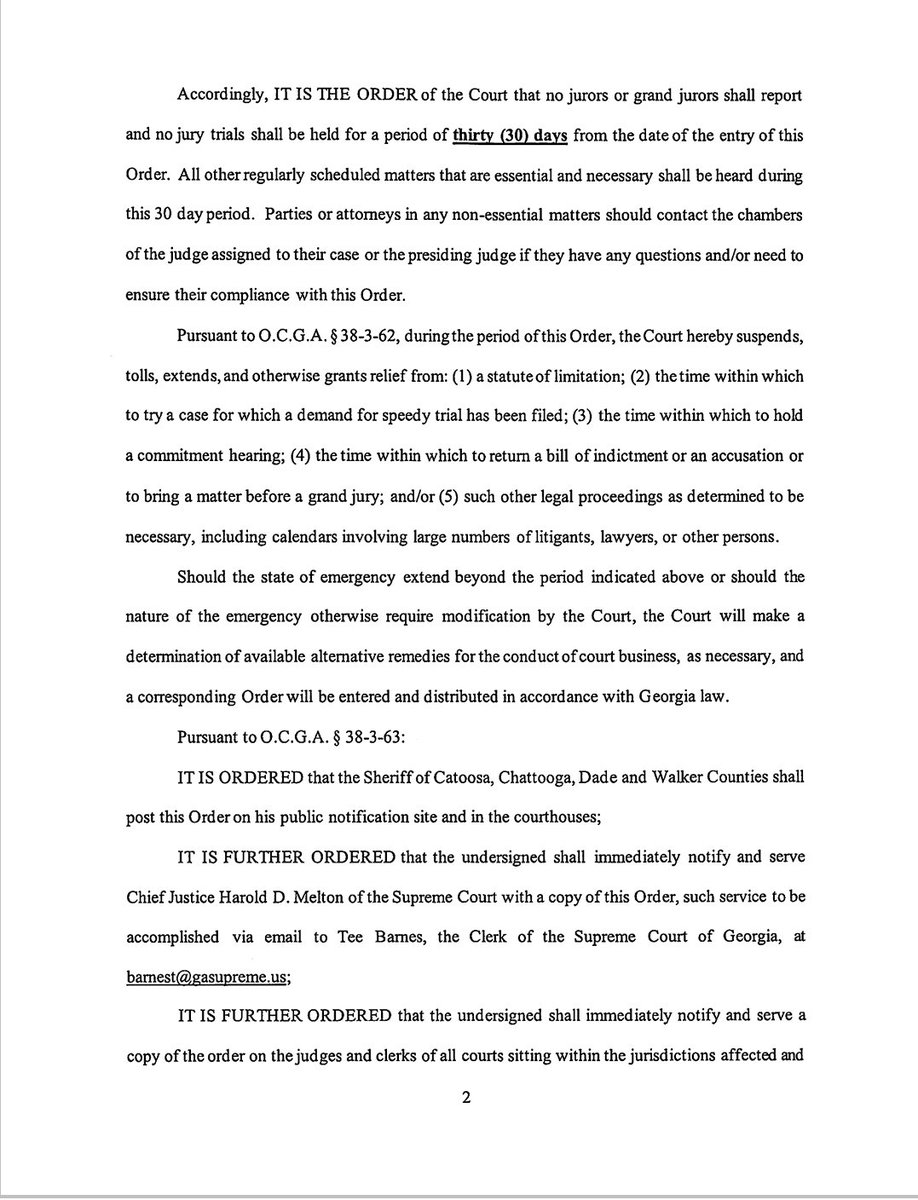 Dade_Sheriff's tweet photo. ALERT!! 

Order from Chief Judge Kristina Cook Graham of the Lookout Mountain Judicial Circuit, referencing a change in the normal business of the court system in our area, for the next 30 days.

Please read. https://t.co/bvLuj3Kswq