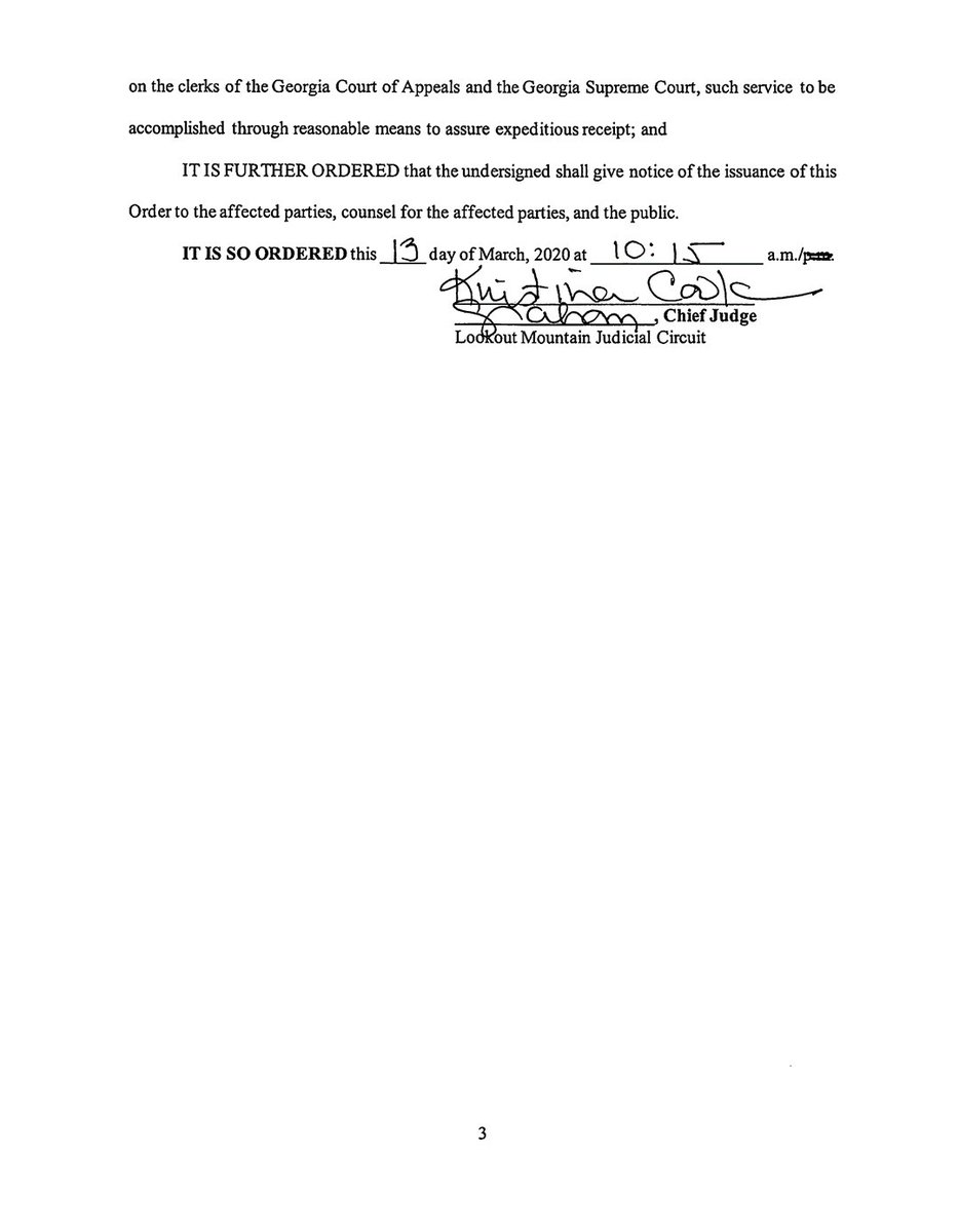 Dade_Sheriff's tweet photo. ALERT!! 

Order from Chief Judge Kristina Cook Graham of the Lookout Mountain Judicial Circuit, referencing a change in the normal business of the court system in our area, for the next 30 days.

Please read. https://t.co/bvLuj3Kswq
